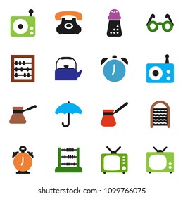 solid vector ixon set - washboard vector, kettle, hand mill, turk coffee, glasses, alarm clock, abacus, phone, umbrella, radio, tv