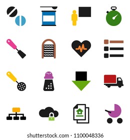 solid vector ixon set - washboard vector, skimmer, spatula, hand mill, blackboard, arrow down, hierarchy, stopwatch, sports nutrition, delivery, heart pulse, pills, cloud lock, menu, estate document