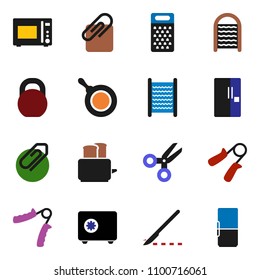 solid vector ixon set - washboard vector, pan, grater, toaster, microwave oven, scissors, safe, weight, hand trainer, scalpel, attachment, fridge