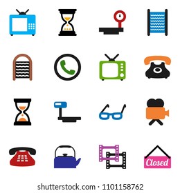 solid vector ixon set - washboard vector, kettle, glasses, sand clock, phone, big scales, film frame, tv, video camera, classic, closed