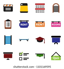 solid vector ixon set - washboard vector, cutting board, graduate hat, exam, presentation, clipboard, skateboard, cinema clap, rent signboard, rooms, open