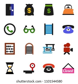 solid vector ixon set - washboard vector, kettle, glasses, abacus, sand clock, big scales, film frame, video camera, classic phone, fridge, money bag, closed