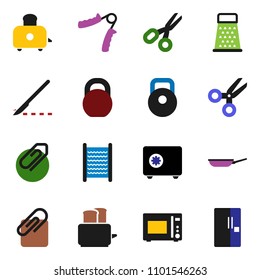 solid vector ixon set - washboard vector, pan, grater, toaster, microwave oven, scissors, safe, weight, hand trainer, scalpel, attachment, fridge