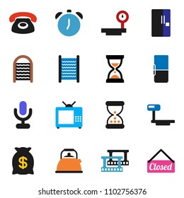 solid vector ixon set - washboard vector, kettle, alarm clock, sand, big scales, film frame, microphone, fridge, tv, phone, money bag, closed
