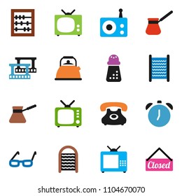 solid vector ixon set - washboard vector, kettle, hand mill, turk coffee, glasses, alarm clock, abacus, phone, film frame, radio, tv, closed