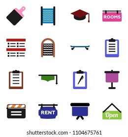 solid vector ixon set - washboard vector, cutting board, graduate hat, presentation, exam, clipboard, skateboard, cinema clap, rent signboard, rooms, open