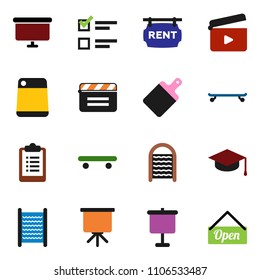 solid vector ixon set - washboard vector, cutting board, graduate hat, presentation, exam, clipboard, skateboard, cinema clap, rent signboard, open