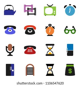 solid vector ixon set - washboard vector, kettle, glasses, alarm clock, sand, film frame, microphone, classic phone, fridge, tv, money bag