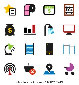 solid vector ixon set - washboard vector, toilet paper, shower, table lamp, abacus, graph, dollar calendar, horizontal bar, map pin, antenna, mobile phone, monitor, favorites, money bag, basket