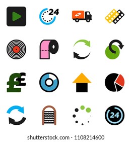 solid vector ixon set - washboard vector, toilet paper, pie graph, arrow up, pound, disk, play button, pills blister, refresh, redo, loading, relocation truck, 24 hour