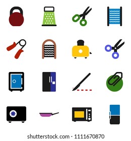 solid vector ixon set - washboard vector, pan, grater, toaster, microwave oven, scissors, safe, weight, hand trainer, scalpel, attachment, fridge