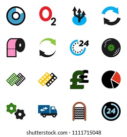 solid vector ixon set - washboard vector, toilet paper, pie graph, pound, oxygen, disk, pills blister, gear, refresh, route arrow, relocation truck, 24 hour