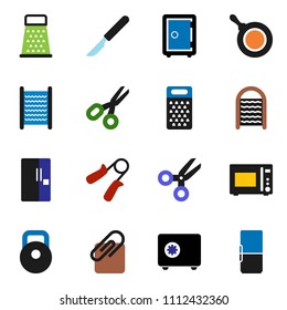 solid vector ixon set - washboard vector, pan, grater, microwave oven, scissors, safe, weight, hand trainer, scalpel, attachment, fridge