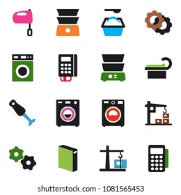 solid vector ixon set - washer vector, washing powder, mixer, double boiler, blender, tomography, gear, construction crane, card reader