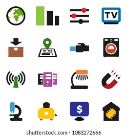 solid vector ixon set - washer vector, toaster, table lamp, magnet, monitor dollar, navigator, earth, package, sorting, tv, microscope, server, equalizer, lan connector, wireless, smart home