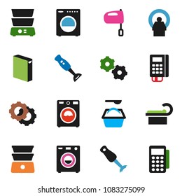 solid vector ixon set - washer vector, washing powder, mixer, double boiler, blender, tomography, gear, card reader