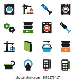 solid vector ixon set - washer vector, washing powder, double boiler, blender, tomography, gear, construction crane, card reader