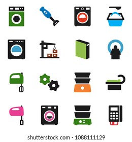 solid vector ixon set - washer vector, washing powder, mixer, double boiler, blender, tomography, gear, construction crane, card reader