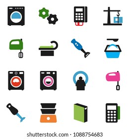 solid vector ixon set - washer vector, washing powder, mixer, double boiler, blender, tomography, gear, construction crane, card reader