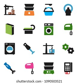 solid vector ixon set - washer vector, washing powder, mixer, double boiler, blender, tomography, gear, construction crane, card reader