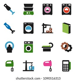 solid vector ixon set - washer vector, washing powder, mixer, double boiler, blender, tomography, gear, construction crane, card reader