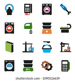 solid vector ixon set - washer vector, washing powder, mixer, double boiler, blender, tomography, gear, construction crane, card reader
