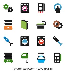 solid vector ixon set - washer vector, washing powder, mixer, double boiler, blender, tomography, gear, card reader