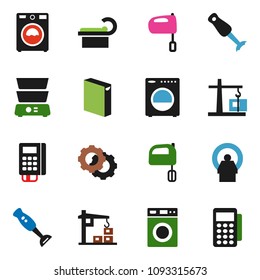 solid vector ixon set - washer vector, washing powder, mixer, double boiler, blender, tomography, gear, construction crane, card reader