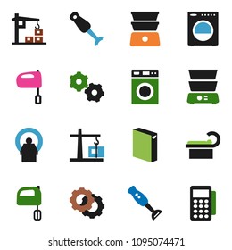 solid vector ixon set - washer vector, washing powder, mixer, double boiler, blender, tomography, gear, construction crane, card reader