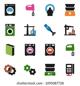solid vector ixon set - washer vector, washing powder, mixer, double boiler, blender, tomography, gear, construction crane, card reader