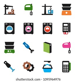solid vector ixon set - washer vector, washing powder, mixer, double boiler, blender, gear, construction crane, card reader