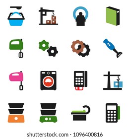 solid vector ixon set - washer vector, washing powder, mixer, double boiler, blender, tomography, gear, construction crane, card reader