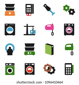 solid vector ixon set - washer vector, washing powder, mixer, double boiler, blender, tomography, gear, construction crane, card reader