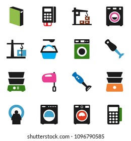solid vector ixon set - washer vector, washing powder, mixer, double boiler, blender, tomography, construction crane, card reader
