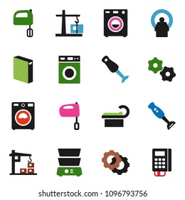 solid vector ixon set - washer vector, washing powder, mixer, double boiler, blender, tomography, gear, construction crane, card reader
