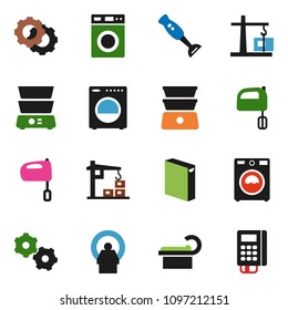 solid vector ixon set - washer vector, washing powder, mixer, double boiler, blender, tomography, gear, construction crane, card reader