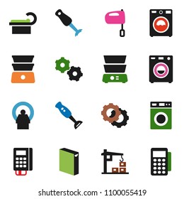 solid vector ixon set - washer vector, washing powder, mixer, double boiler, blender, tomography, gear, construction crane, card reader