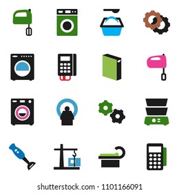 solid vector ixon set - washer vector, washing powder, mixer, double boiler, blender, tomography, gear, construction crane, card reader