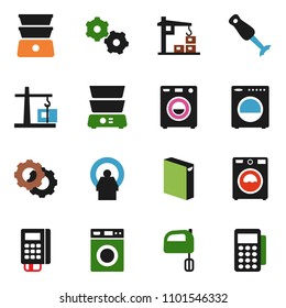 solid vector ixon set - washer vector, washing powder, mixer, double boiler, blender, tomography, gear, construction crane, card reader