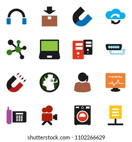 solid vector ixon set - washer vector, magnet, molecule, earth, phone, support, package, video camera, headphones, notebook pc, hdmi, diagnostic monitor, cloud exchange, server, network document
