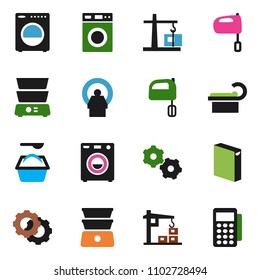 solid vector ixon set - washer vector, washing powder, mixer, double boiler, tomography, gear, construction crane, card reader