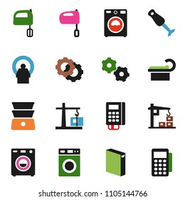 solid vector ixon set - washer vector, washing powder, mixer, double boiler, blender, tomography, gear, construction crane, card reader