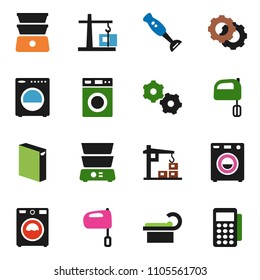 solid vector ixon set - washer vector, washing powder, mixer, double boiler, blender, tomography, gear, construction crane, card reader