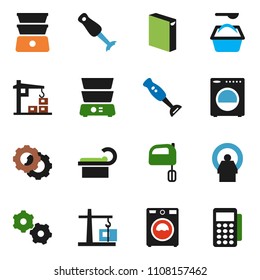 solid vector ixon set - washer vector, washing powder, mixer, double boiler, blender, tomography, gear, construction crane, card reader