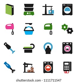 solid vector ixon set - washer vector, washing powder, mixer, double boiler, blender, tomography, gear, construction crane, card reader
