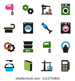 solid vector ixon set - washer vector, washing powder, mixer, double boiler, blender, tomography, gear, construction crane, card reader