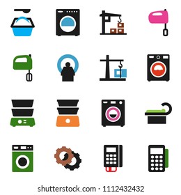 solid vector ixon set - washer vector, washing powder, mixer, double boiler, tomography, gear, construction crane, card reader