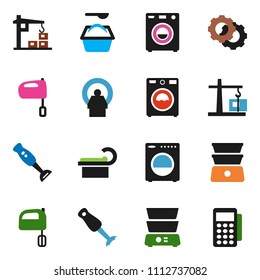 solid vector ixon set - washer vector, washing powder, mixer, double boiler, blender, tomography, gear, construction crane, card reader
