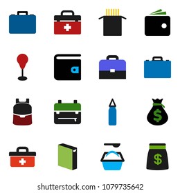 solid vector ixon set - washing powder vector, pasta, case, backpack, wallet, money bag, punching, doctor