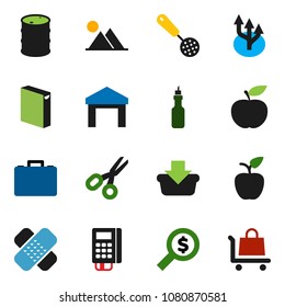 solid vector ixon set - washing powder vector, skimmer, oil, apple fruit, scissors, case, money search, diet, warehouse, barrel, patch, route arrow, mountain, card reader, basket, trolley